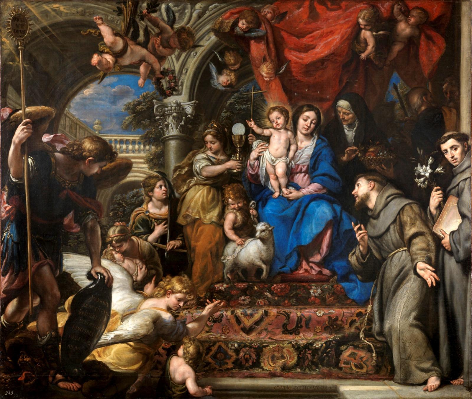virgin and child between the theological virtues and saints